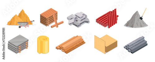 House materials. Building site. Wood board and timber. Sand heap. Iron and cement pile. Metal pipe pieces. Raw concrete for road repair. Industrial construction. Vector cartoon icons set