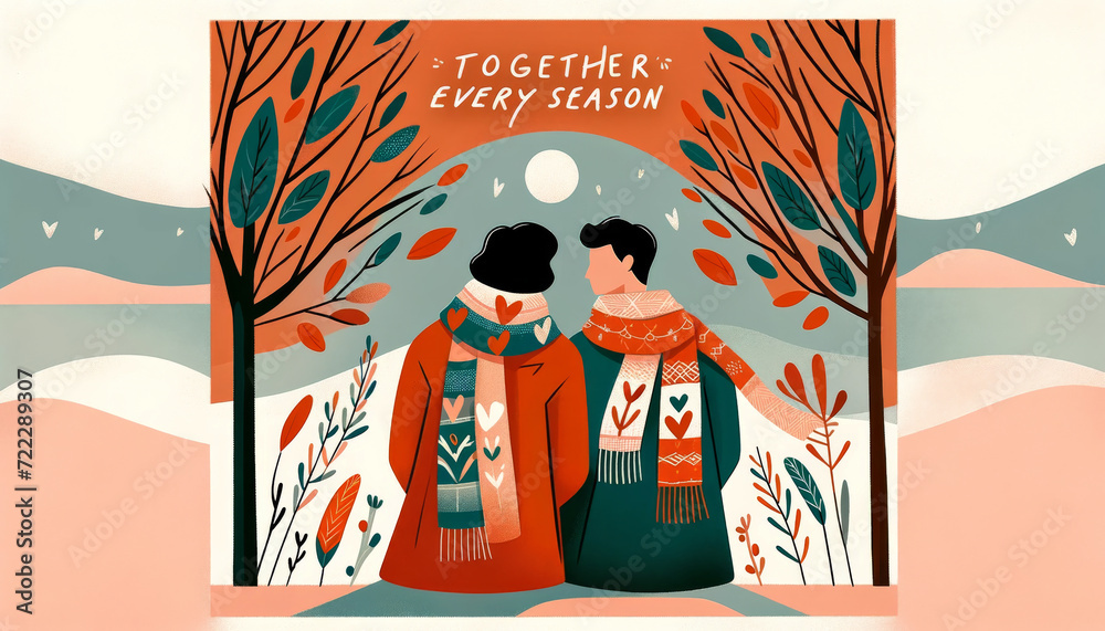 Together Every Season - Couple in Nature.
Illustration of a couple in seasonal attire embracing each other in a scenic nature backdrop.