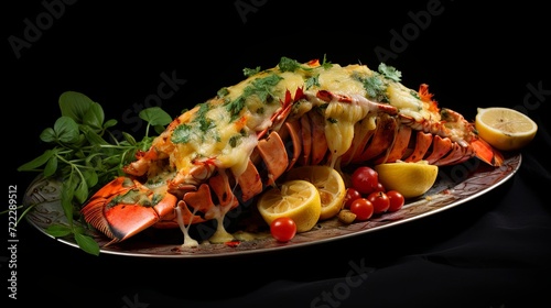 Succulent lobster delicacy crowned with melted cheese and garnished to perfection