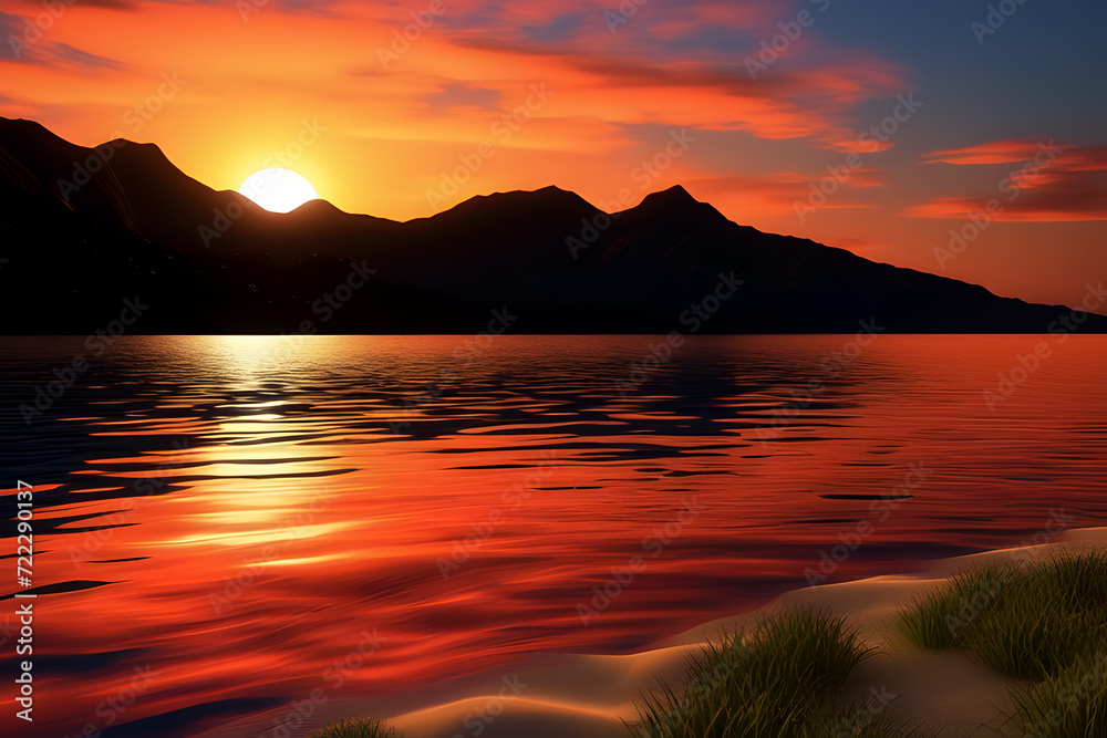 Sunset and sun rising over the sea lake mountain beach ocean and river ...