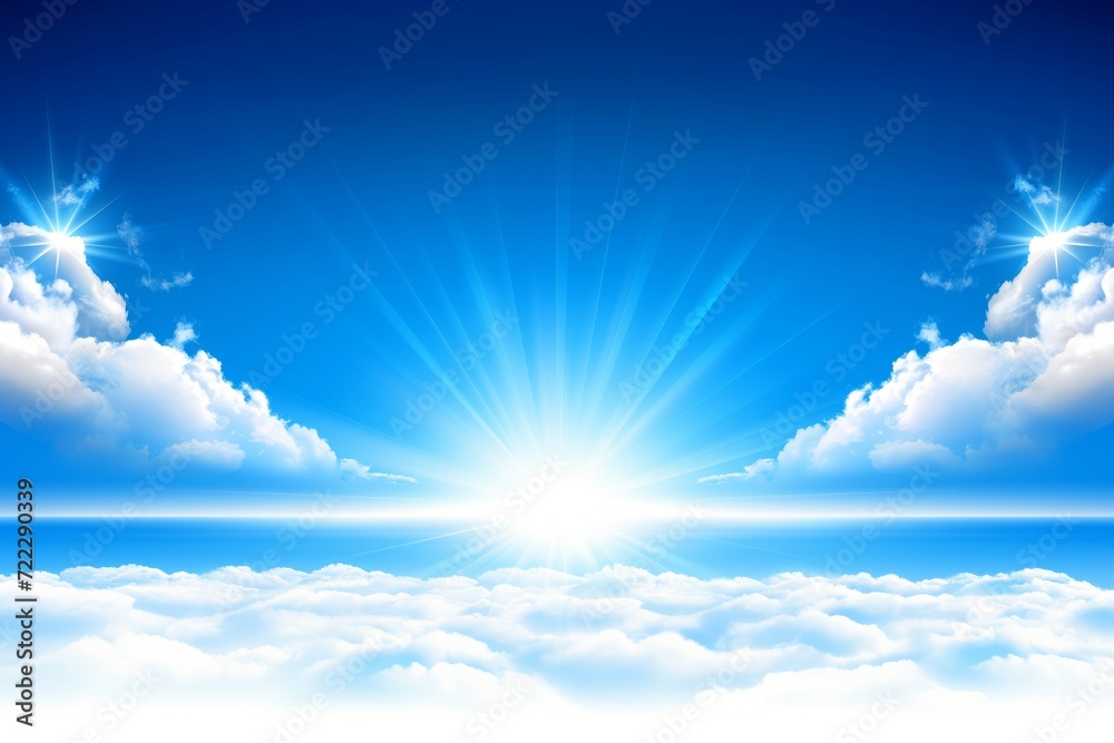 A breathtaking view of a serene sky where the brilliant sun shines with rays beaming across the vivid blue atmosphere, piercing through fluffy white clouds. The image evokes a sense of peace and