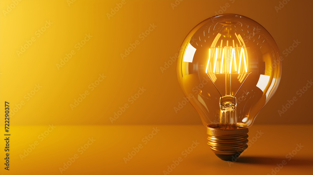 Light bulb on yellow background with copy space. Glowing light bulb symbol of new idea, inspiration, innovation, solution, creativity concept. Design for banner, card, poster, ads. Light bulb on yellow background with copy space. Glowing light bulb symbol of new idea, inspiration, innovation, solution, creativity concept. Design for banner, card, poster, ads.