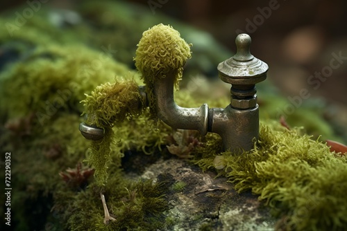 Dirty faucet plants. Damaged and dysfunctional tap with verdant nature. Generate AI photo
