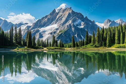 Beautiful alpine lake with reflection of snow mountain and pine forest