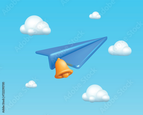 3D plane. Airplane telegram flying in clouds. Paper aviation in sky. Air transport. Notification bell. Aircraft flight. Business or travel news art banner. Render icon. Vector background