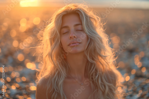 Sexual serene young woman with closed eyes enjoying golden sunset on a pebble beach. Created with Generative AI © Spicy World