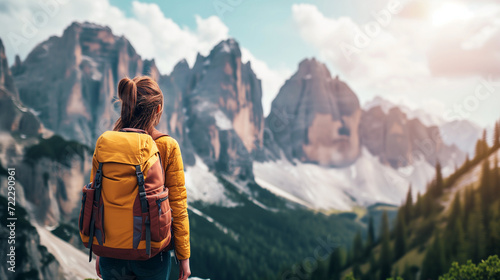 Young woman hiker with backpack enjoying view of Dolomites mountains, Italy