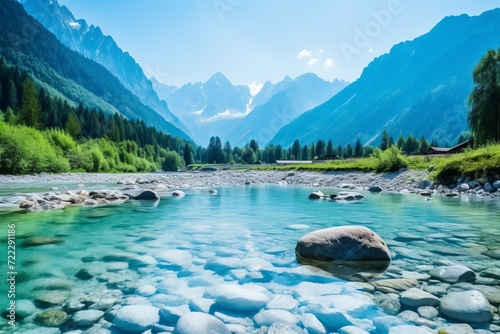 Serene alpine mountain landscape with pristine blue sky and captivating water reflection