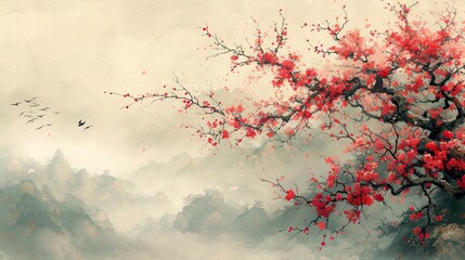 Crédence de cuisine Fleur de cerisier Paysage japonais aquarelle sakura brumeux  © pengedarseni