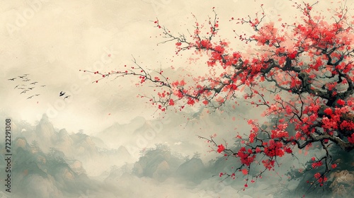 Traditional Japanese style landscape with sakura, fog, and hills on a vintage watercolor background.