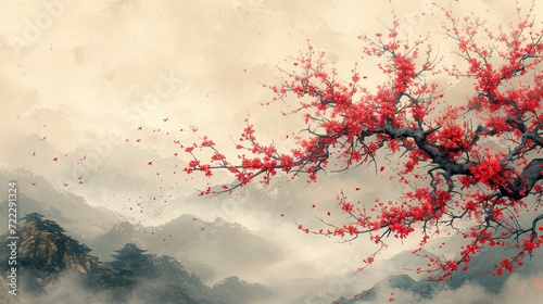 Traditional Japanese style landscape with sakura, fog, and hills on a vintage watercolor background. photo