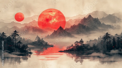 Traditional Japanese style landscape with sakura, hills, sun, lake, and cranes on a vintage watercolor background.
