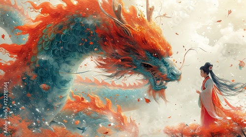 Dragon and goddess painting. Chinese New Year background. year of the dragon.
