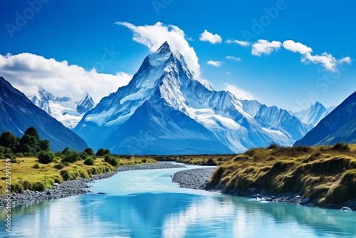 Tranquil alpine mountain landscape with clear blue sky and water reflection in scenic nature setting