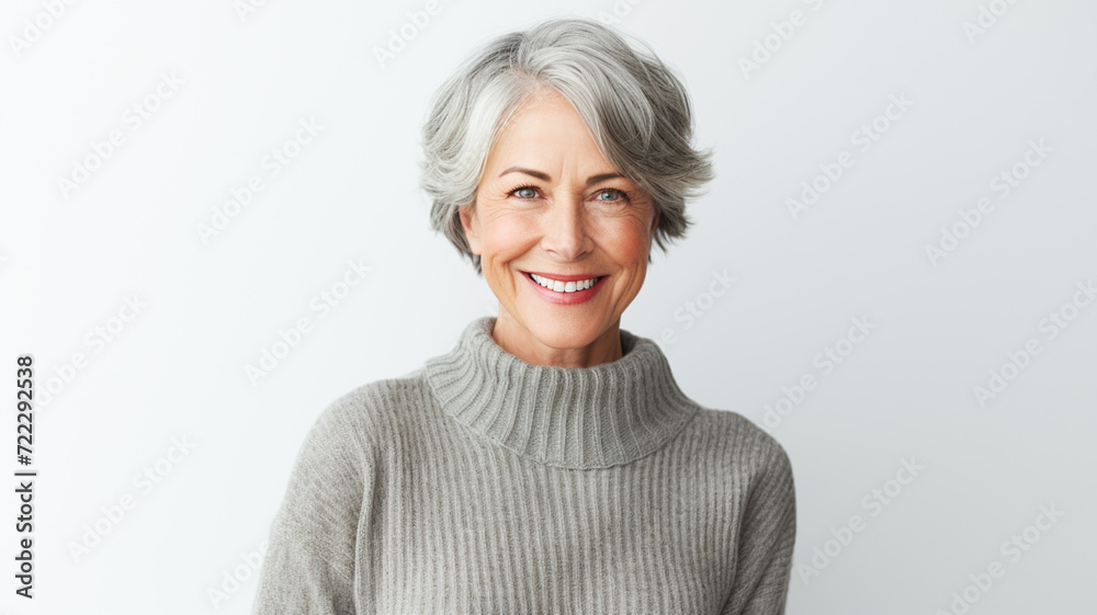 Portrait of smiling middle aged woman. Portrait of attractive brunette woman standing and smiling at camera isolated on grey background.
Portrait of smiling middle aged woman. Portrait of attractive brunette woman standing and smiling at camera isolated on grey background.