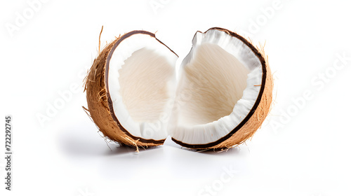 Set of fresh half coconut and slices isolated on white background