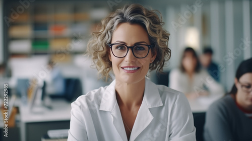 Scientist beautiful mature woman sitting in classroom concept of medical education dentistry cosmetologist health care professional knowledge development in seminar lecture training university school photo