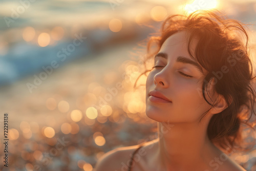 Serene young brunette woman enjoying sunset at the beach with gentle waves in the background, depicting peace and relaxation. Created with Generative AI © Spicy World