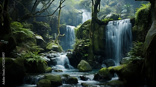 Tranquil waterfall surrounded by lush greenery in a serene park setting  peaceful nature scene