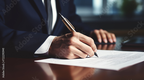 Agreement or Contract Signature With Pen. Hand Signing Paper Form photo