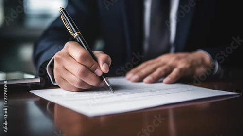 Agreement or Contract Signature With Pen. Hand Signing Paper Form photo