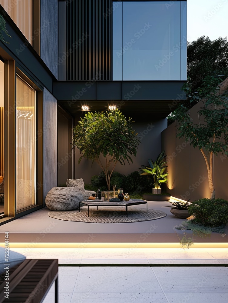 Modern home with spacious patio and stylish outdoor furniture Modern home with spacious patio and stylish outdoor furniture