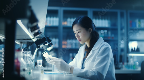 Scientist concentrating on her work in the lab, measuring and analyzing science or research results