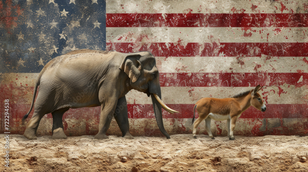 Donkey and Elephant with American Flag, Political Party Representation, Generative AI