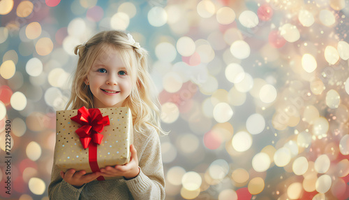 Young blonde girl child receiving big gift box for christmas on pastel bikeh background