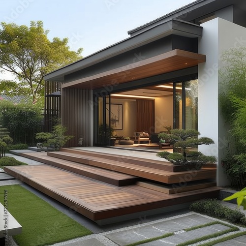 Design and decorate a modern single-storey house with the scent of Muji, complete with a trellised balcony, relaxation area, and lawn garden.In the style of architect Magazine