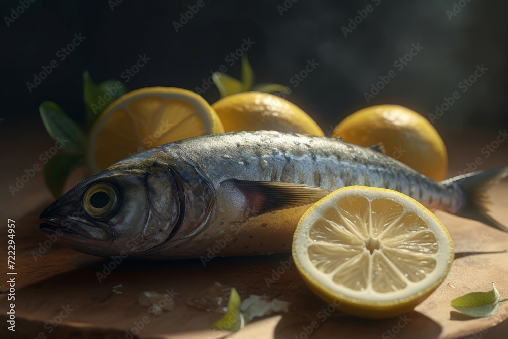 Cooked mackerel in foil with lemon pieces. Delicious healthy grilled oceanic fish dish. Generate ai