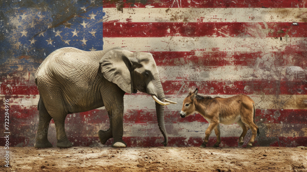 Donkey and Elephant with American Flag, Political Party Representation, Generative AI