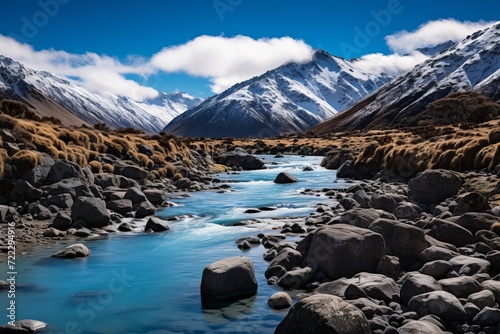 Serene alpine mountain scenery with clear blue sky and crystal clear water reflection