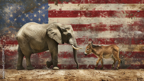 Obraz na płótnie Donkey and Elephant with American Flag, Political Party Representation, Generative AI w salonie