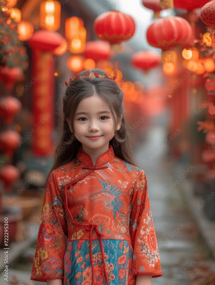 Full body portrait of a Vietnamese girl, wearing traditional Ao Dai, walking around the street on Vietnamese traditional Tet, Lunar New Year