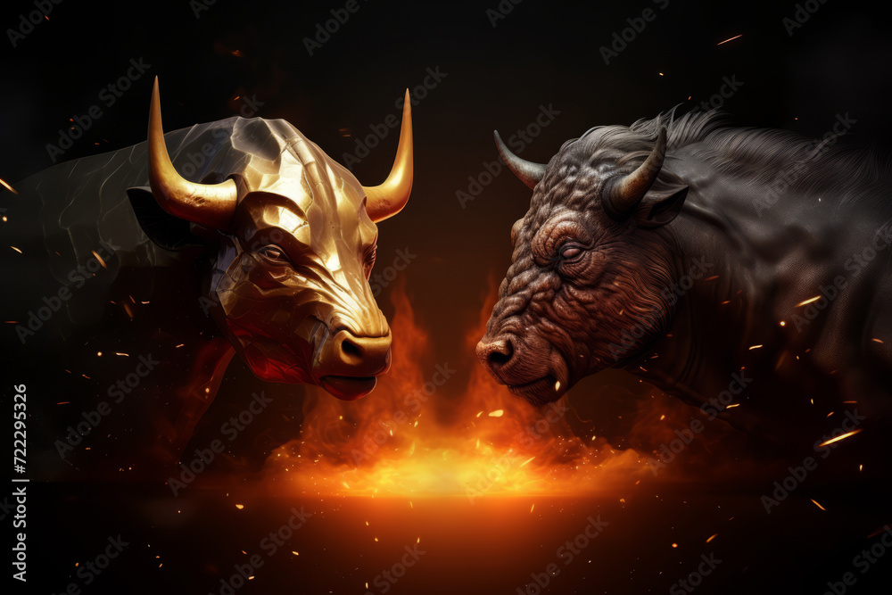 two bulls heads sculptures like symbol representing financial market trends, crypto currency market