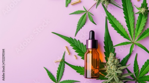 Top View CBD Oil Cannabis Mockup, Cosmetic Product Advertisement on Pastel Purple Background.