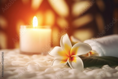 Spa exotic blossom with burning scented candle. Cozy relaxation comfortable wellness ambiance. Generate ai