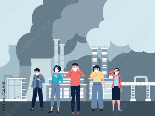 Industrial pollution. People suffocating from dirty air, toxic danger mist and dust. Ecology problem and protection environment, recent vector scene