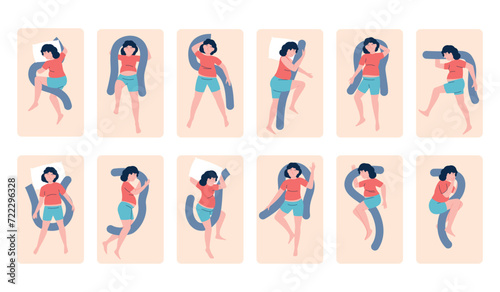 Pregnancy sleep pose. Pregnant woman sleeping in different comfortable poses with pillow. Healthy dream, maternity preparation recent vector set