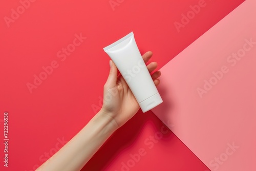 hand holding, tube for cream mockup, red pastel background, handheld, aerial view, minimalist outlines photo