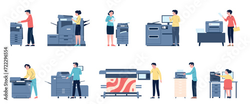 Printing house worker. People working with polygraphy tools. Prints, choose colors, doing fax. Typography equipment, recent vector flat scenes