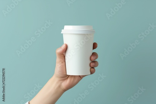 hand holding, white paper cup for coffee mockup, grey pastel background, handheld, aerial view, minimalist outlines