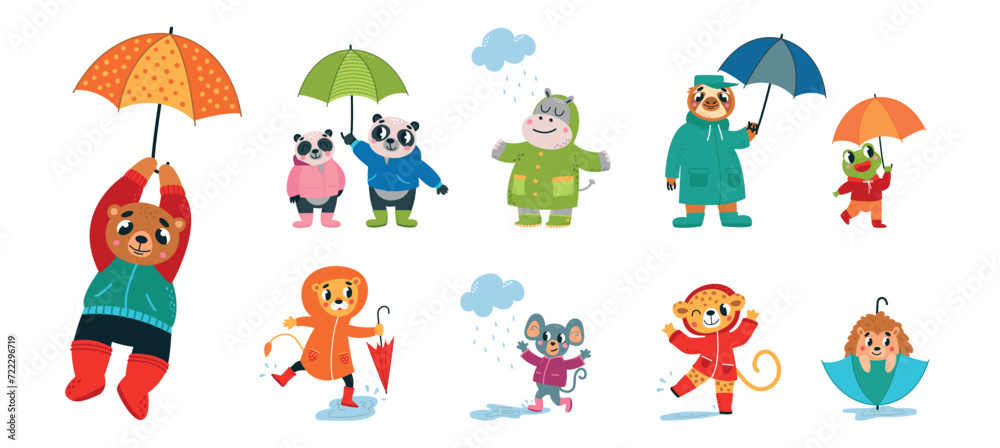 Animals and rain. Funny forest animal with umbrella, wear raincoat and rainboots. Isolated children mascots, spring or autumn classy vector characters