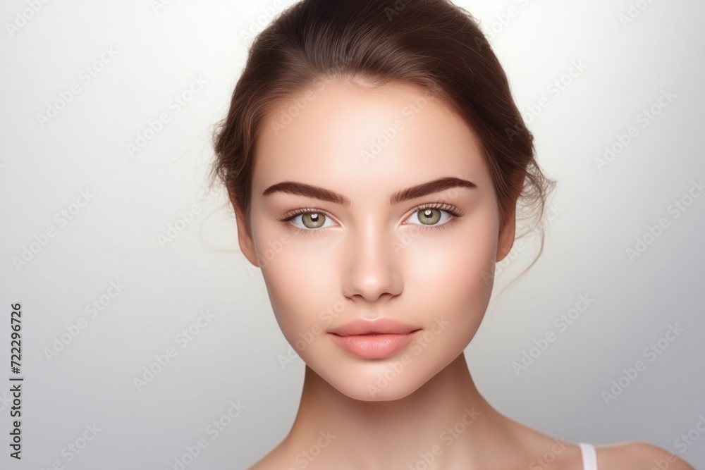 Portrait of a beautiful young woman with clean fresh skin. Model with healthy skin, close-up portrait. on isolated white background, Cosmetology, beauty and spa - obrazy, fototapety, plakaty 