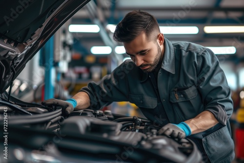 A male working auto mechanic opens the hood of a car and inspects it