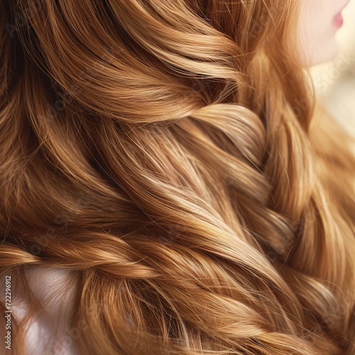 A close-up of a woman's blonde hair, long hair, styled in a light golden braid on her hair. Braided hair of a bride. Bridal hairstyle