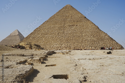 Pyramids of Cheops and Chephren in African Giza city near Cairo in Egypt