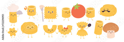 Cute pasta characters. Comic noodles with different fresh ingredients. Italian food cooking, ravioli with mushroom, tomatoes, racy vector set