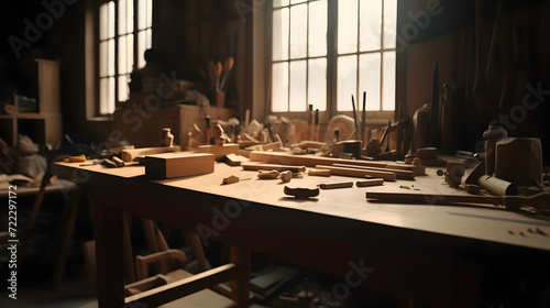 Artisan's Haven: Vintage Woodworking Workshop in Warm Light AI-Generative